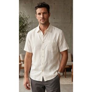 Visitor Washable Linen Short Sleeve Button Down Shirt Men's XL White‎ Coastal